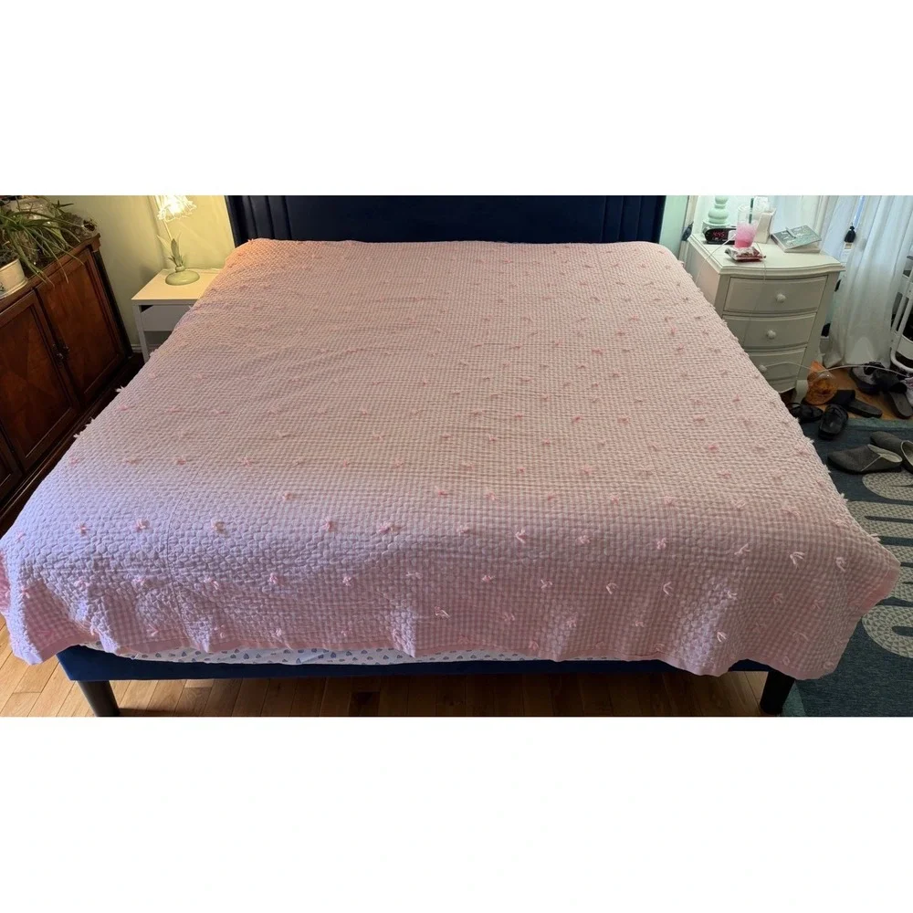 Handmade Reversible Pink Gingham Quilt 88x86 Cotton Tie Quilt Cottagecore